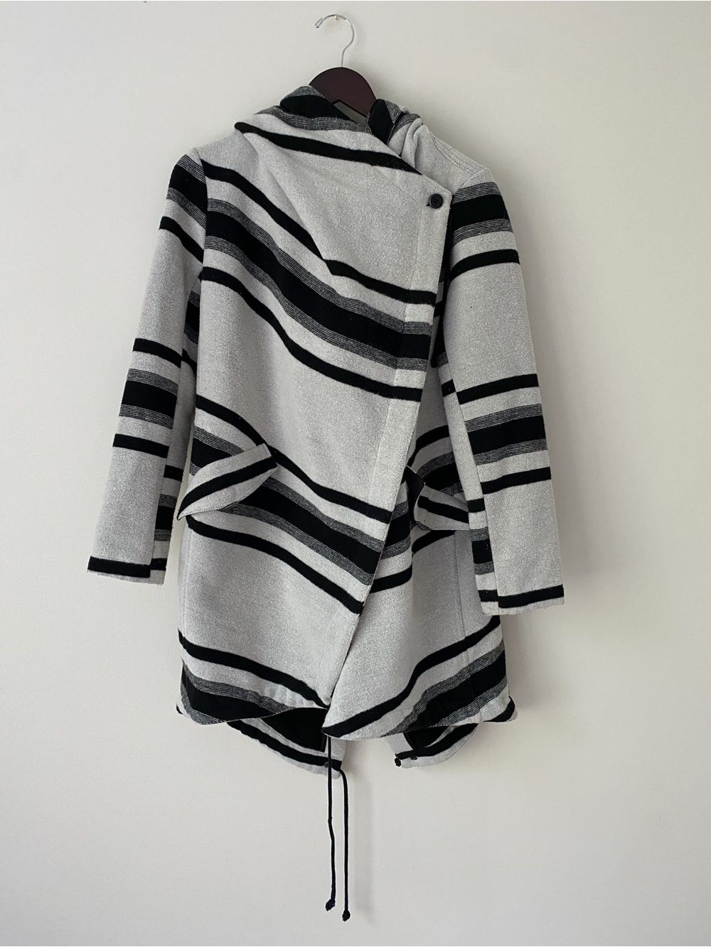 BB Dakota Black and White Striped Hooded Wrap Coat